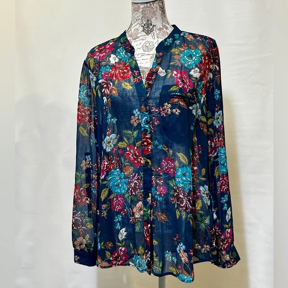 KUT FROM THE KLOTH Navy floral sheer long sleeve top‎ size XL. - Picture 5 of 13